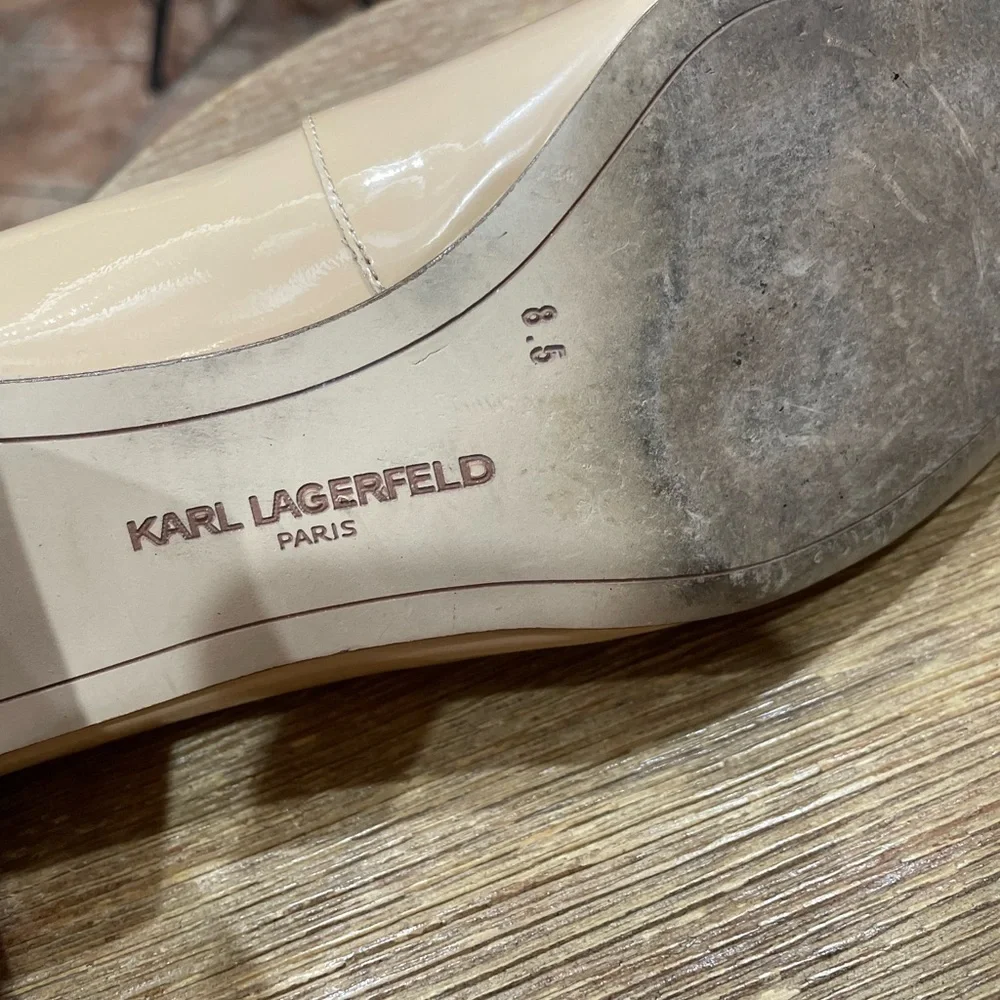 Karl Lagerfeld Nude Beige Block Heel Pumps with Black Fringe Accent